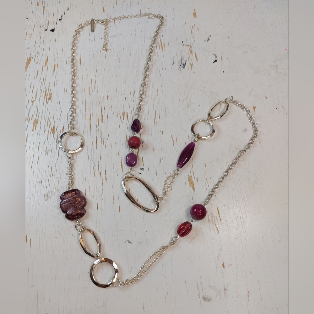 x Lane Bryant Silver and Purple Long Necklace Glass Beads Jewelry Accessory Boho